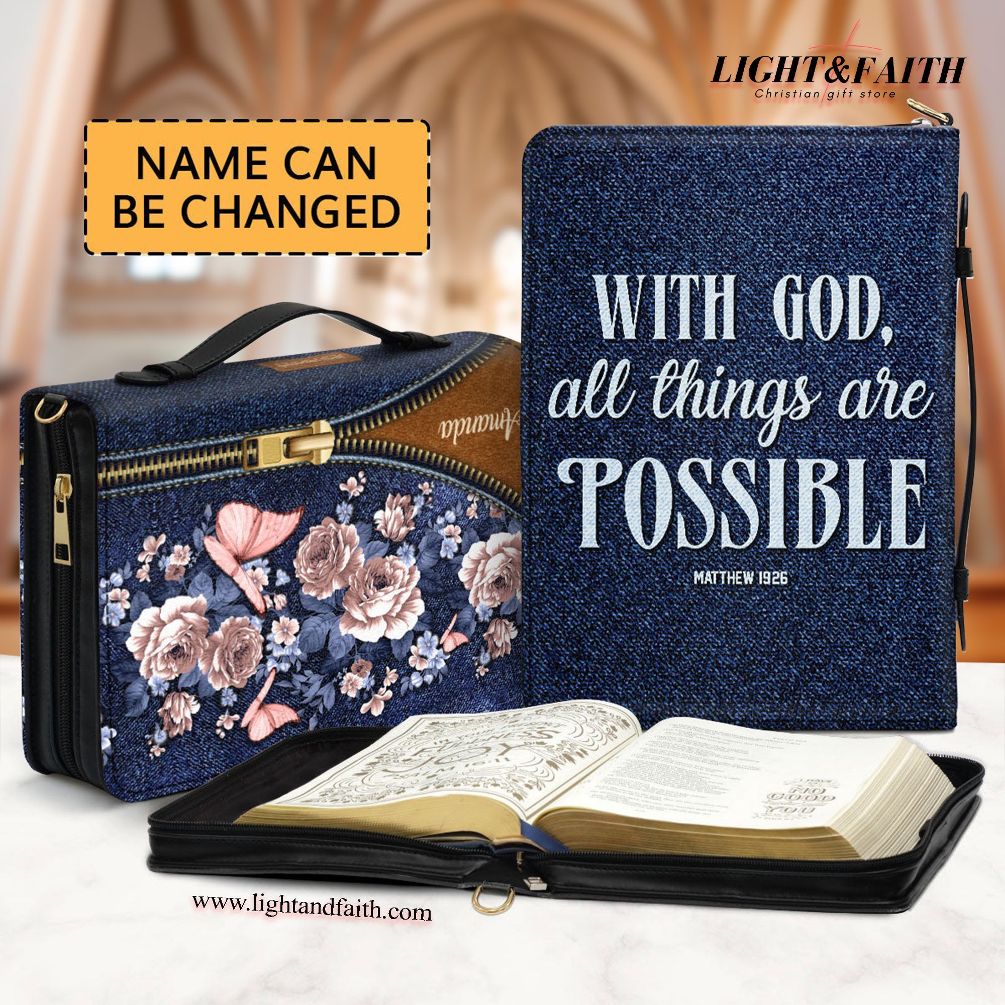 Matthew 19:26 , With God All Things Are Possible Leather Book Cover, Christ Gift For Christian Prayer, Christian Gift, Bible Covers Jesus Gifts, Zippered Leather Bible Cover With Handle